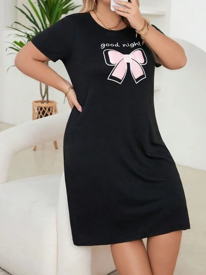 SHEIN Women's Plus Size Casual Sleep Dress Pajama Dress With Bowknot & Letter Print