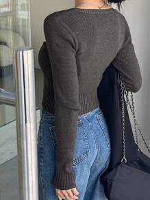 DAZY 女式修身圆领毛衣，长袖上衣秋季 - 灰色 - 查看 2