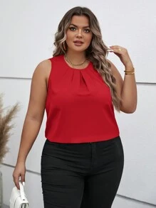 SHEIN Clasi Plus Size Round Neck Sleeveless Blouse - Red - View 3