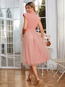 Simplee Women's Mesh Contrast Short Cape Sleeve A-Line Dress - Pink - View 2