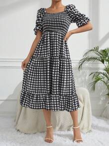 Breezaya Women's Plaid Short Puff Sleeve Dress - Black and White - View 3