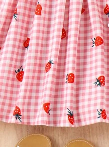 SHEIN Vintaside Kids 少女甜美可愛,優雅簡約,鄉村風格,水果和格子圖案,糸帶細肩運動裙