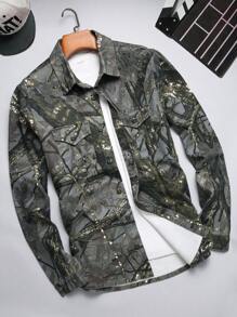 Manfinity Homme Men's Long Sleeve Denim Shirt With Tree Pattern