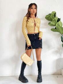 SHEIN Unity Women's Plaid Pattern Long Sleeve Cropped T-Shirt Fall Cloth For Women - Yellow - View 4