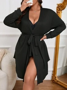 Côtesoire Plus Size Women's Casual Simple Belted Robe Cozy And Elegant Details, For Outfit, Fall & Winter