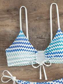 SHEIN Swim Bộ bikini thắt nút họa tiết sọc ziczac Bộ bikini buộc dây bên hông Lễ hội âm nhạc Mùa hè - Nhiều màu - Xem 5