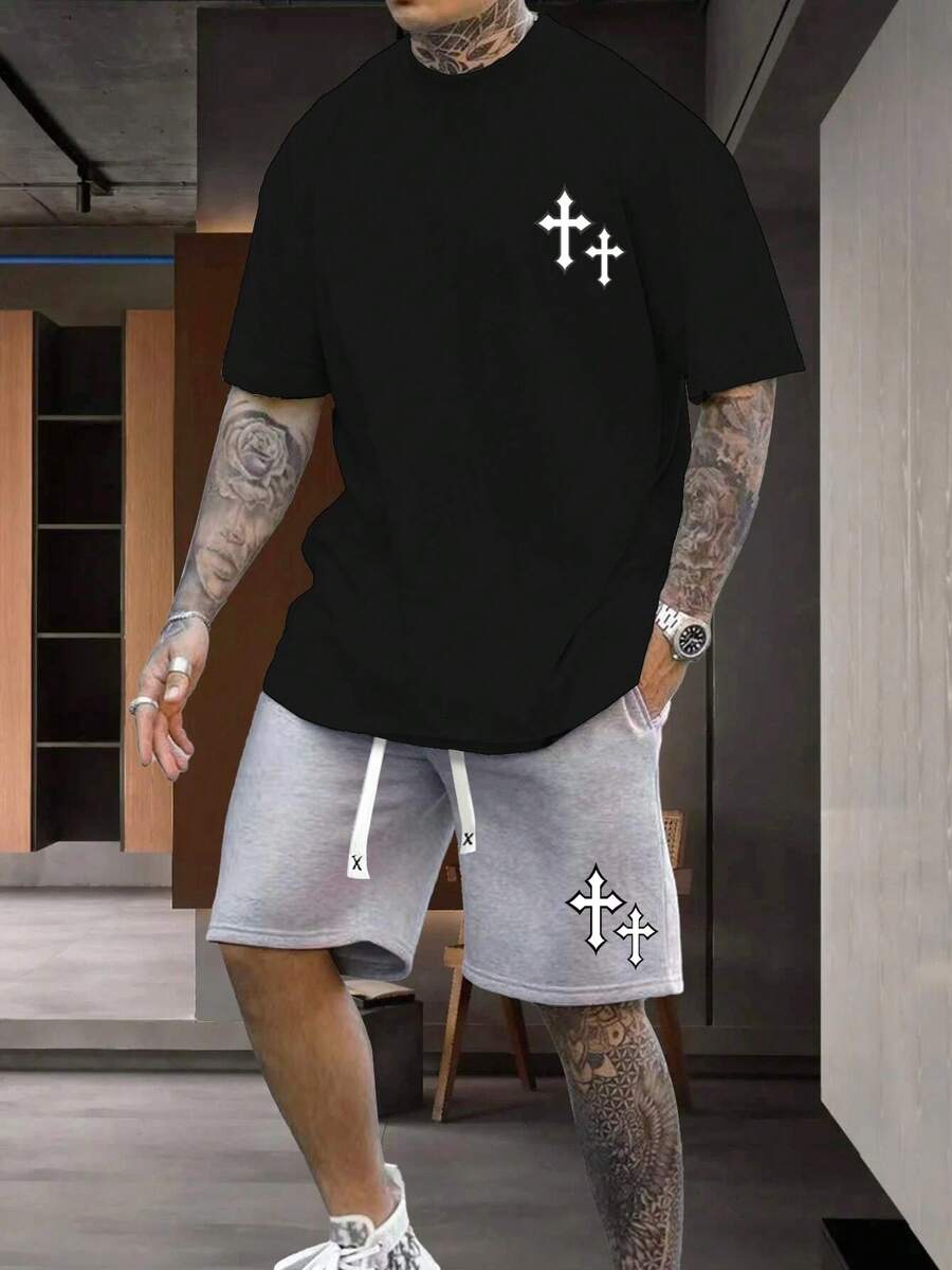 Manfinity Homme Men's Christian Cross Printed T-Shirt And Shorts Set - Multicolor - View 1