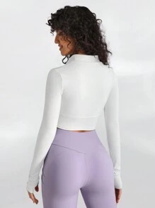 SHEIN Sports 純色拉鍊開襟半扣合修身運動衫 - 白色 - 查看 2