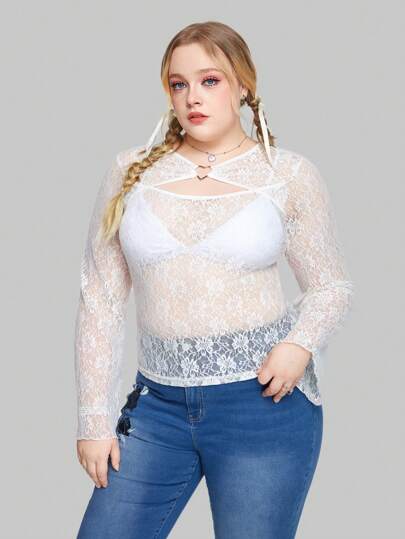 Sweetness Camiseta De Manga Larga Con Encaje Para Mujer De Talla Grande Con Decoración En Forma De Corazón Con Hebilla