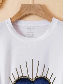 SHEIN Essnce 女士心形＆眼睛印花短袖t恤 - 白色 - 查看 4