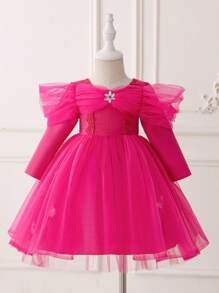 Baby Girl Tulle Spliced Fluffy Party Dress Formal Dress Clothing - Hot Pink - View 1
