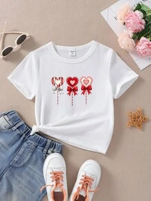 年輕女孩可愛風格愛心棒棒糖圖案短袖夏季t恤 - 白色 - 查看 1