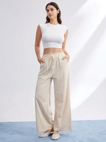 LUVLETTE 秋冬季奶油白柔软100%纯棉宽松透气女士睡裤款式长裤内衣外穿裤带口袋秋季睡衣 - 米色 - 查看 2