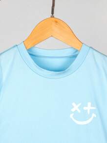 SHEIN Young Boys' Face Print Short Sleeve T-Shirt And Shorts Set - Blue - View 3