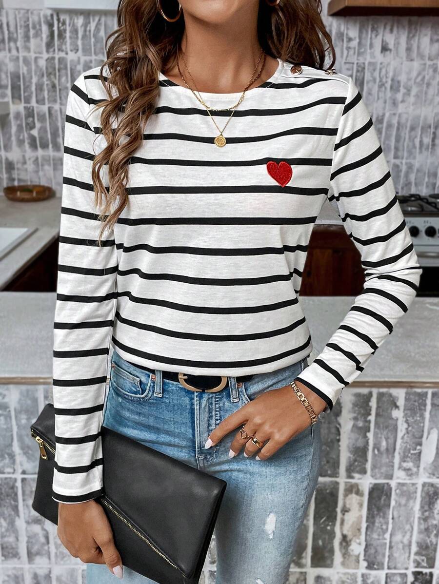 SHEIN Frenchy Women's Striped Long Sleeve T-Shirt With Heart Embroidery Winter Thanks Giving Casual Spring - Black and White - View 1