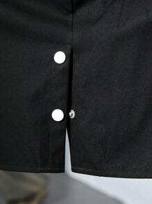 SHEIN Tween男孩休閒寬鬆直筒純色掛脖短袖鈕扣編織襯衫 - 黑色 - 查看 5