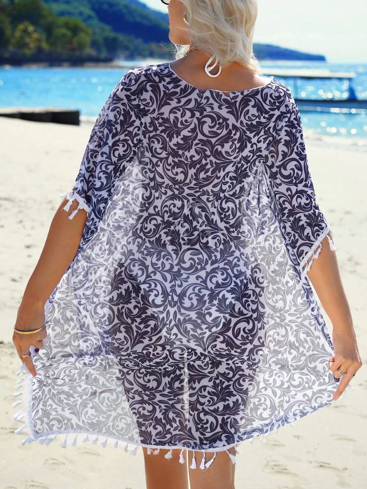 Summer Women's Satin Printed Fringe Hem Kimono Cover Up Top Carnival