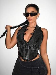 SHEIN ICON Y2K Water Washed Halter Top có viền sờn và thiết kế hở lưng - Màu xám đen - Xem 5