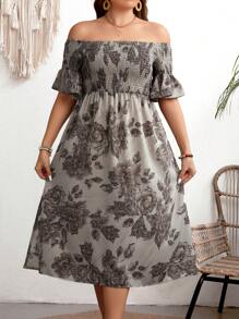 SHEIN Clasi Schulterfreies, Hochgeschlitztes Kleid Mit Blumendruck In Übergröße - Verschiedenfarbig - Übersicht 4