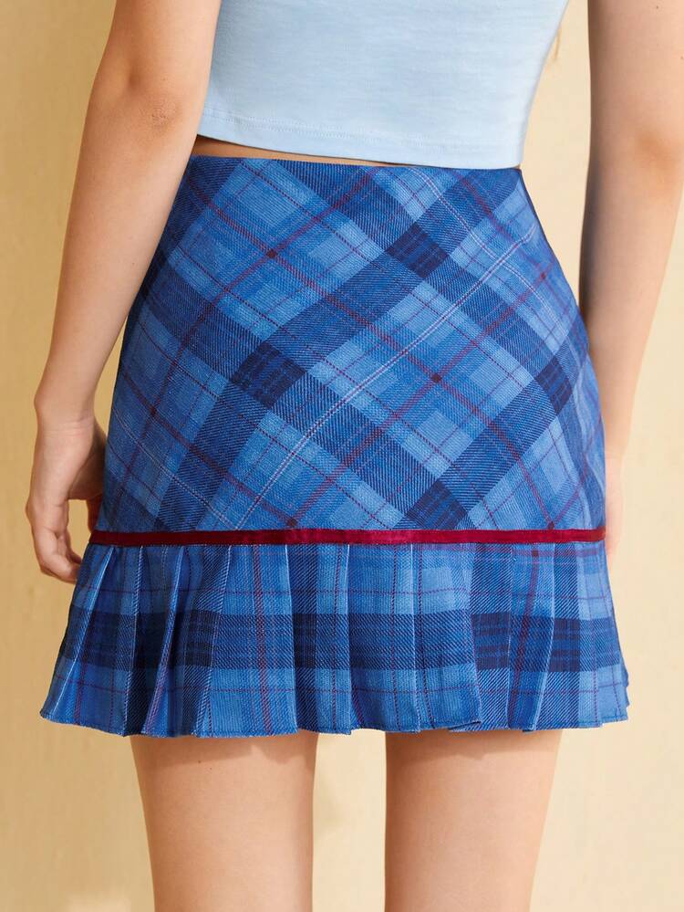 Plaid Pleated Hem Women Skirt