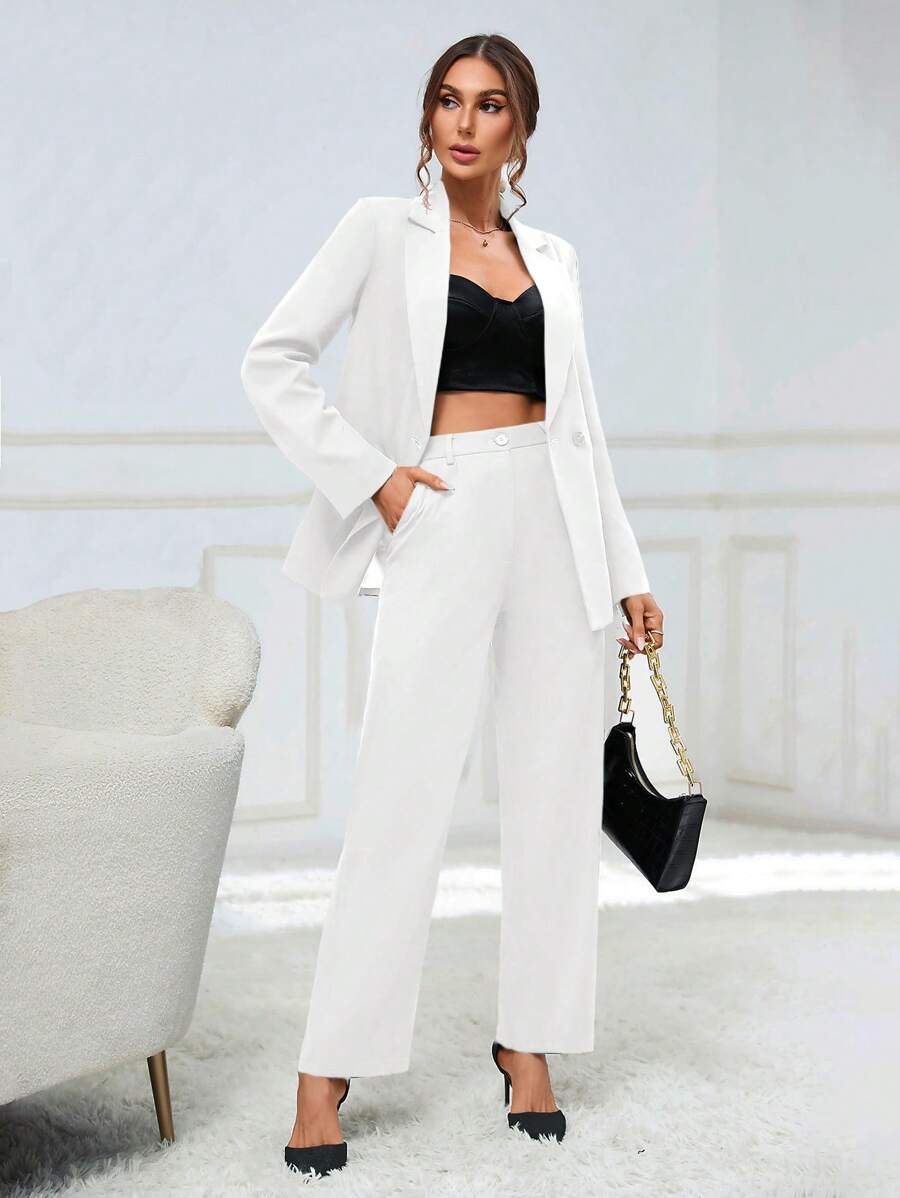 SHEIN Privé Women's Lapel Collar Blazer And Pants Set - White - View 1
