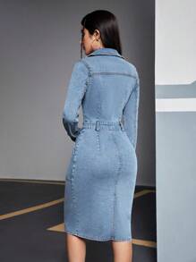 SHEIN EZwear Women's Front Split Shirt Denim Dress - Light Wash - View 2