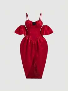 SHEIN MOD 女用蝴蝶裝飾細肩帶袖連身裙 - 紅色 - 查看 1