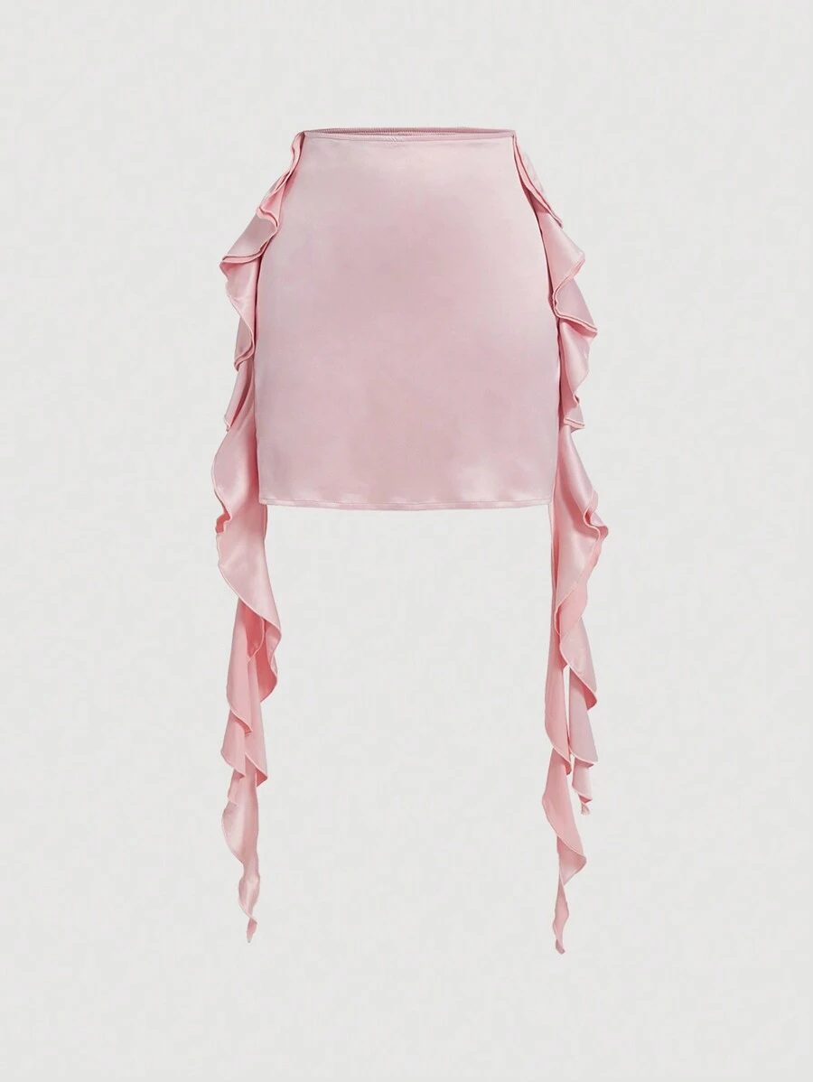 SHEIN MOD Damen Y2k Einfarbiger Hohe Taille Gerader Rock Mit Rüsche Und Dekorativen Rand - Pink - Übersicht 1