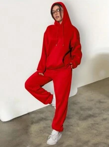 SHEIN EZwear Của phụ nữ Màu thuần Dây rút Hoodie Và Quần thể thao Hai chiếc Bộ - Đỏ - Xem 5