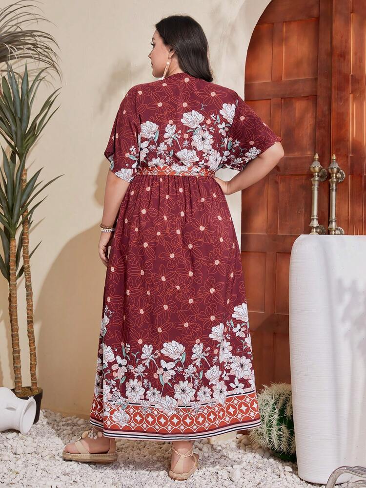 Plus Size Women's Floral Print Wrap Neckline Dress