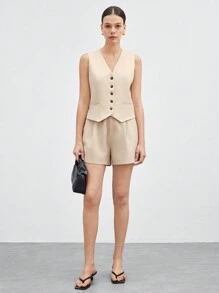 BizChic Bộ vest và quần short cài nút màu trơn dành cho nữ mùa thu/đông - Màu be - Xem 1