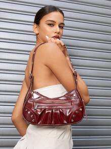 SHEIN X Lucía Bellido SHEIN ICON 女士纯色拉链开合简约时尚休闲日常单肩包 - 酒紅色 - 查看 5