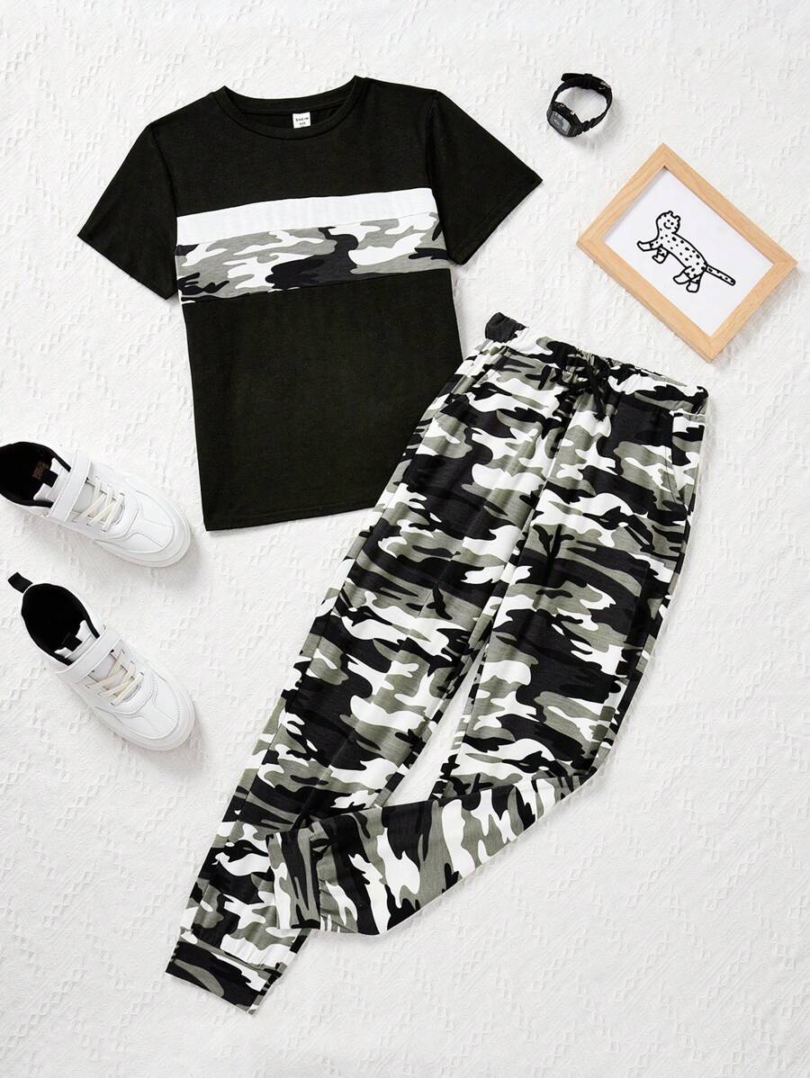 SHEIN Tween Boy Camouflage Patchwork T-Shirt And Pants Set