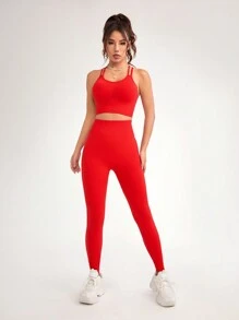 Yoga Basic Seamless Compression Sports Bra And Seamless Compression Sports Leggings - Red - View 3