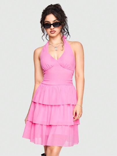 Kawaii Sweet And Sexy Slim Fit Ruched Neckline Cake Dress Hem Halter Dress