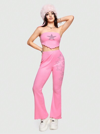 J-Fashion Sexy & Cute Rhinestone Star Print Two Pieces Set For Women - Short Tube Top And Pants