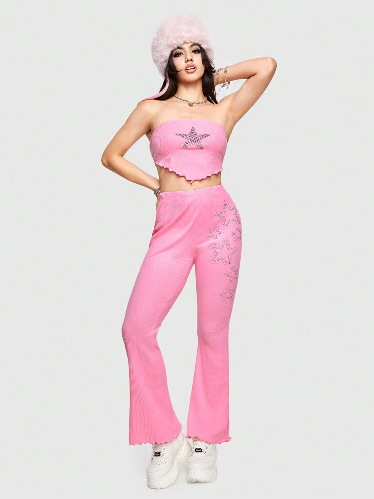 Sexy & Cute Rhinestone Star Print Two Pieces Set For Women - Short Tube Top And Pants
