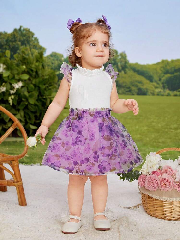 Baby Girl Gorgeous Elegant Knitted Patchwork Flutter Sleeve Top And Floral Print Skirt Set