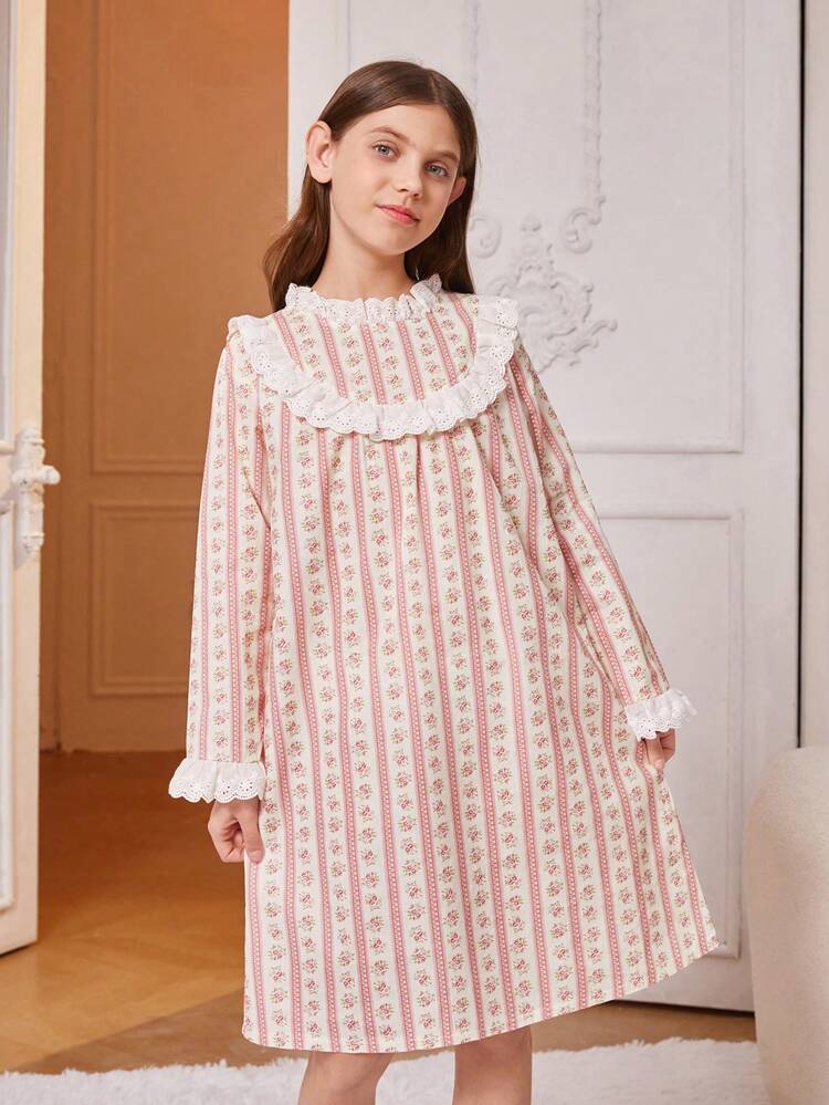1pc Tween Girls' Striped Floral & Lace Trim Long Sleeve Homewear Sleep Dress