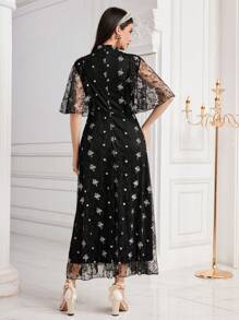 Modelyn Đầm dạ hội dài thêu hoa lưới tương phản cho nữ - màu đen - Xem 2