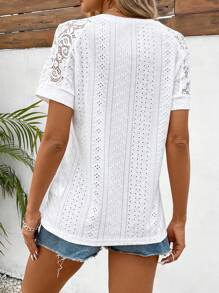 SHEIN LUNE Camiseta De Manga Corta De Encaje Con Parche De Color En Contraste Para Mujer - Blanco - Ver 2