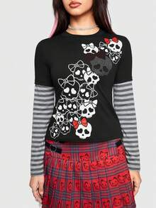 ROMWE Avant 水鑽骷髏設計領長袖二合一 T 卹 - 黑色 - 查看 2