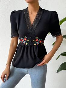 SHEIN Unity 刺繡花邊拼接泡泡袖襯衫