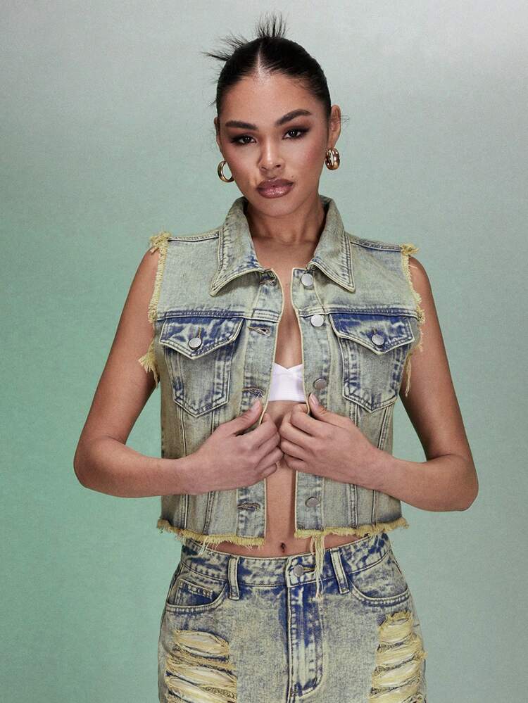 Vintage Wash Cropped Denim Vest - Vintage Wash&Women Jeans Jackets&Spring&Spring Jacket&Country Concert