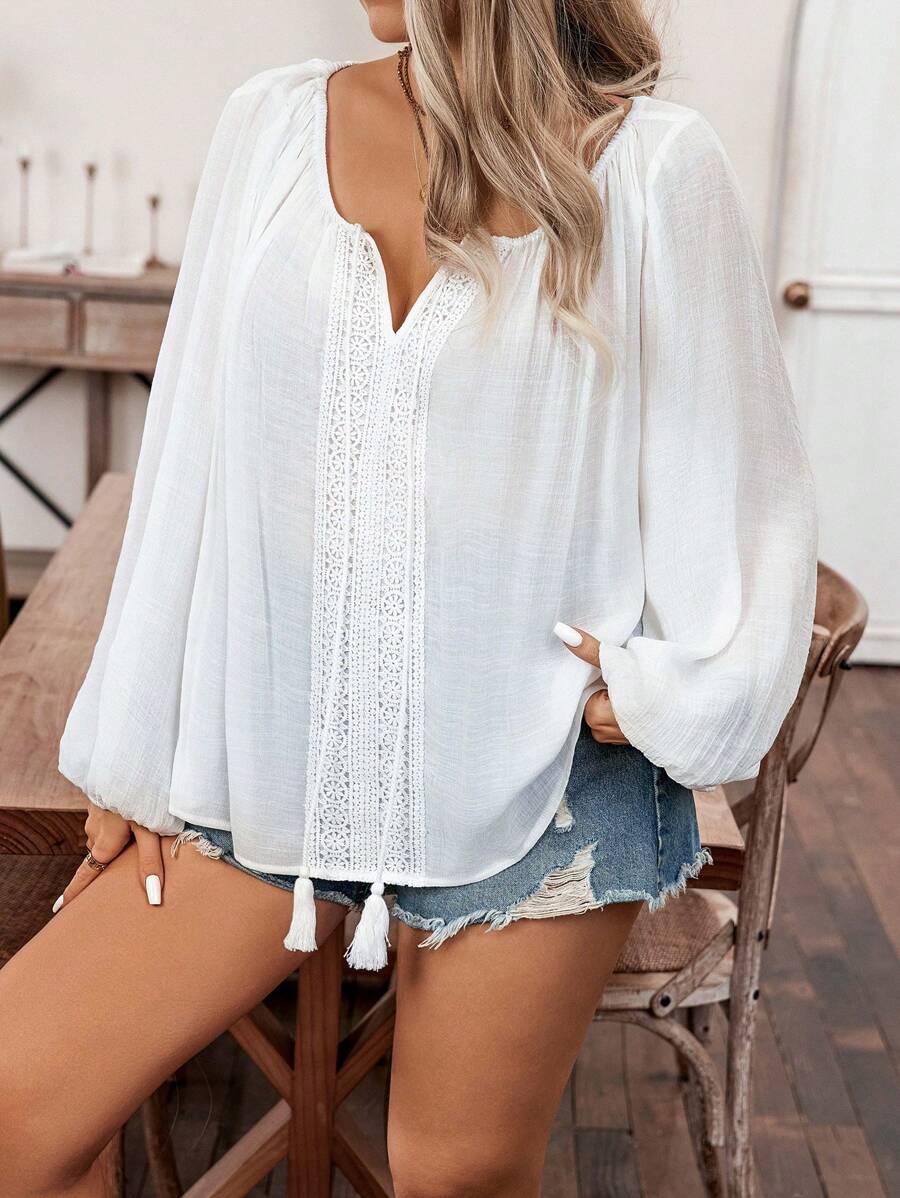 Breezaya Frauen Große Größen Hemd mit Laternenärmeln und Quastenverzierung