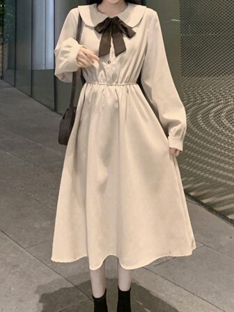 Solid Button Front Peter Pan Collar Shirt Dress