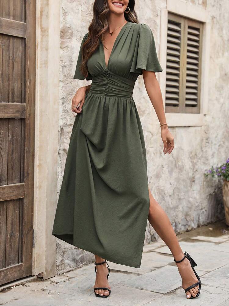 Women's Deep V-Neck Butterfly Sleeve Fitted Waist Dress