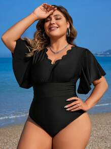 Swim Lushoire Summer Beach Plus Size Scallop Edge Decorated V-Neck Short Flare Sleeve One-Piece Swimsuit