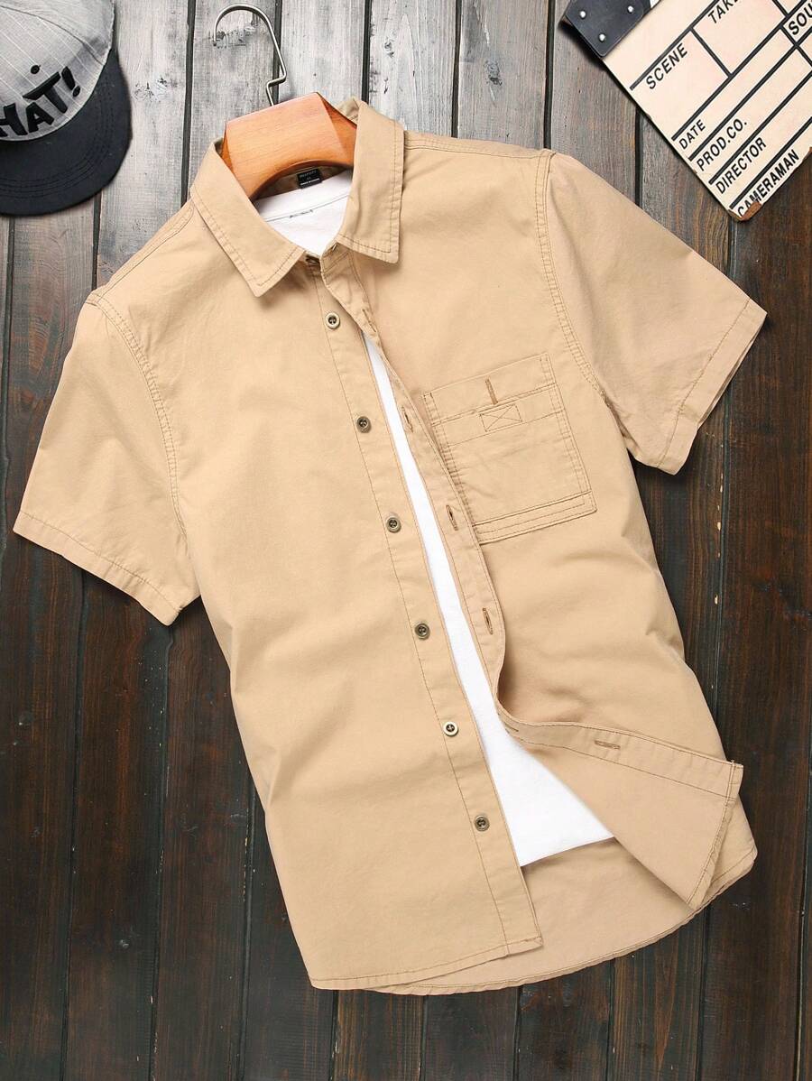 Manfinity Homme Áo sơ mi nam denim màu trơn phía trước, áo sơ mi đô thị cotton trơn màu kem - Màu Khaki - Xem 1