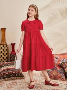 SHEIN Tween 女孩休閒寬鬆泡泡短袖紅色領結連身裙 - 紅色 - 查看 4